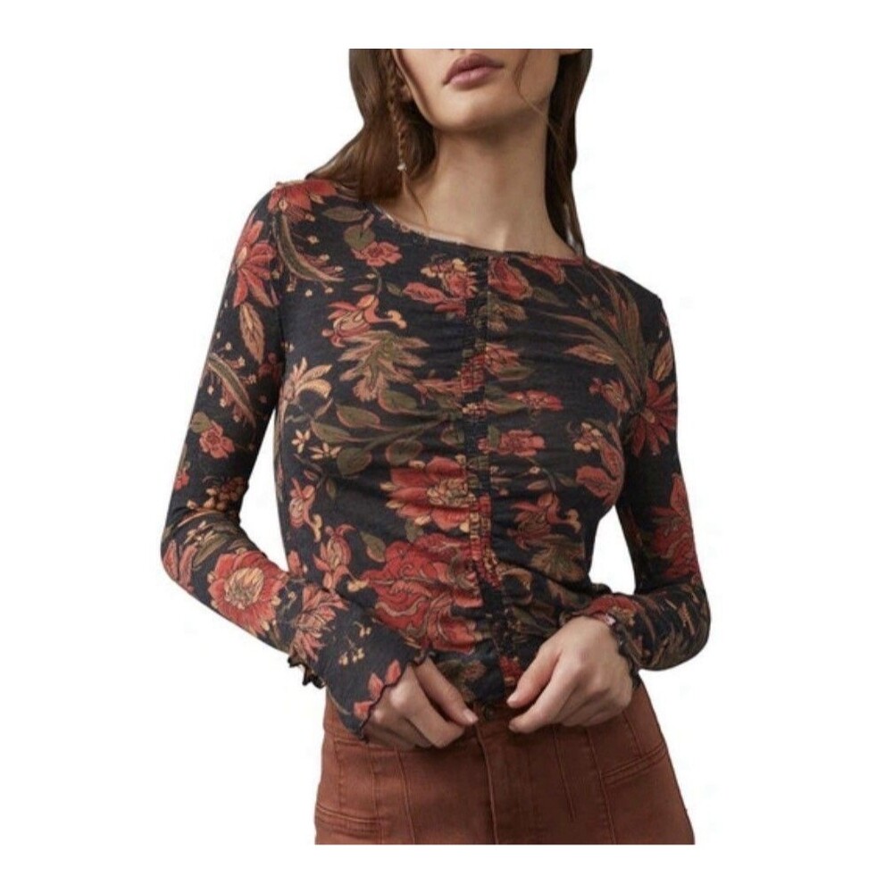 Free People Dreamed of You Charcoal Grey Floral Print Long Sleeve Top Large